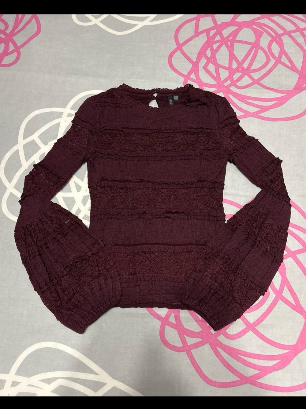 Forever New Burgundy Lace Long Sleeve Top With Bell Sleeves